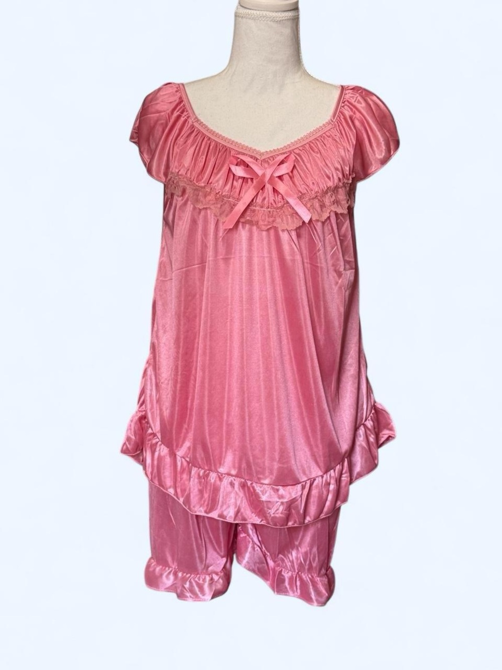 Women's Pink Satin Ruffled Sleep Set